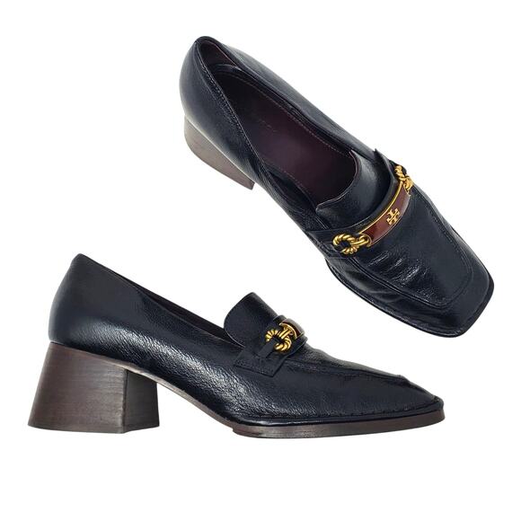 Tory Burch Perrine Heel Loafer 55MM Perfect Black Goat Leather 134951 Size 9.5 - Picture 1 of 9